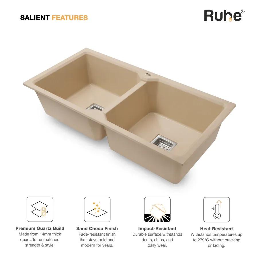 Ruhe Quartz Double Bowl Kitchen Sink 37 X 18 X 9 Inches - Tan 3