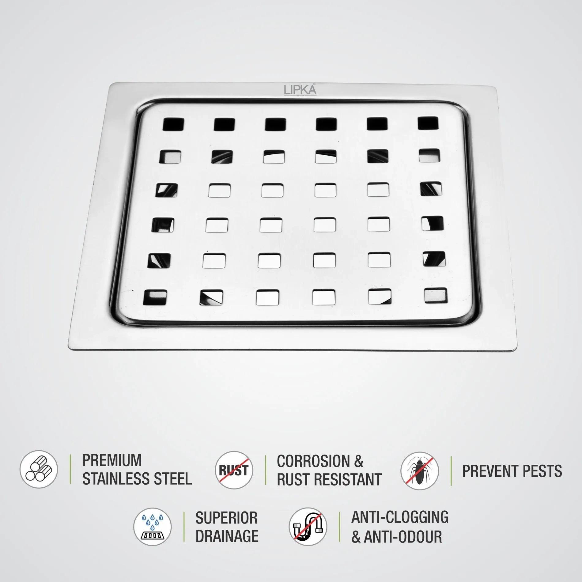 Lipka Eon Square Flat Cut Floor Drain with Plain Jali and Hole (6 x 6 Inches) 2