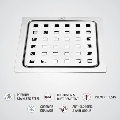 Lipka Eon Square Flat Cut Floor Drain with Plain Jali and Hole (6 x 6 Inches) 2