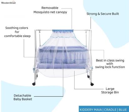 Wooden Street Maia Movable Mosquito Protection Net Steel Baby Cot (Blue) 4
