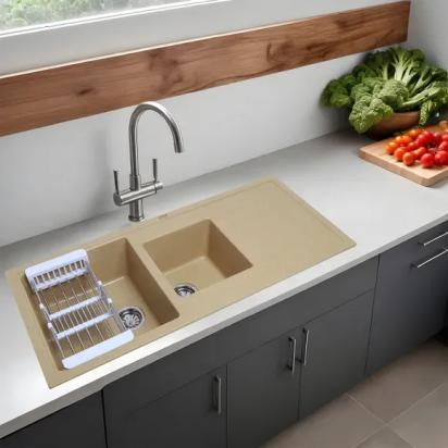 Lipka Sand Choco Quartz Double Bowl with Drainboard Kitchen Sink (45 x 20 x 9 Inches)
