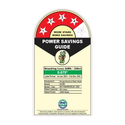 Glen Water Heater Rating, 35/50 Litre 2000W 8 Bar Pressure Glasslined Element and Tank, Temperature control (7056) 2