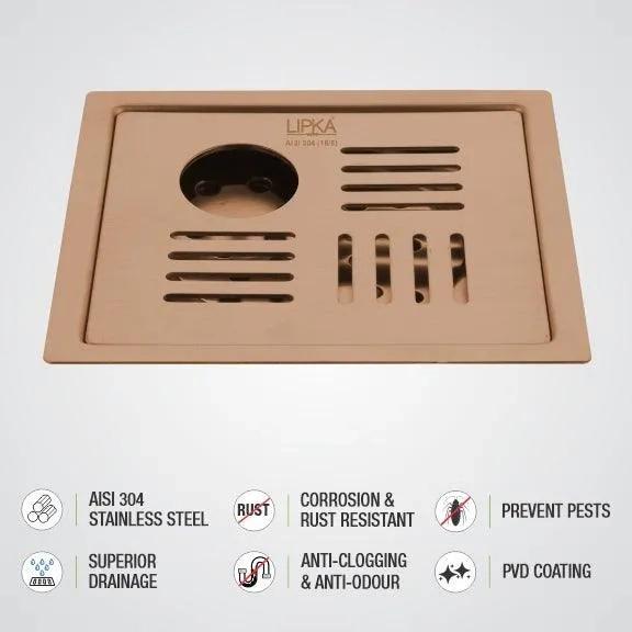 Lipka Pink Exclusive Square Flat Cut Floor Drain in Antique Copper PVD Coating (5 x 5 Inches) with Hole 2