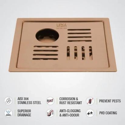Lipka Pink Exclusive Square Flat Cut Floor Drain in Antique Copper PVD Coating (5 x 5 Inches) with Hole 2