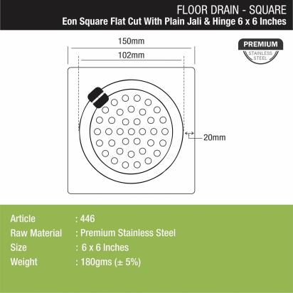 Lipka Eon Square Flat Cut Floor Drain with Plain Jali and Hinge (6 x 6 Inches) 1