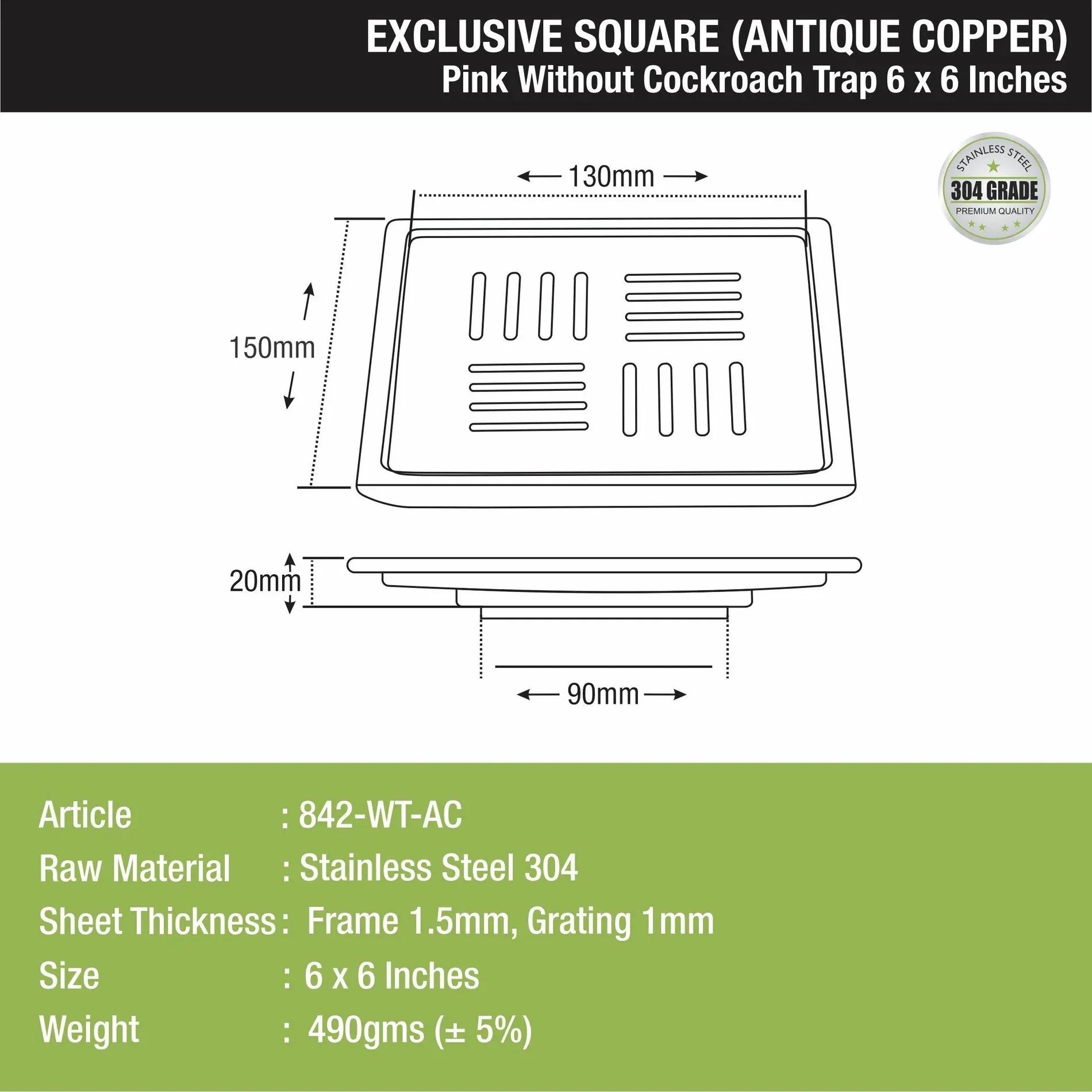 Lipka Pink Exclusive Square Floor Drain in Antique Copper PVD Coating (6 x 6 Inches) 1