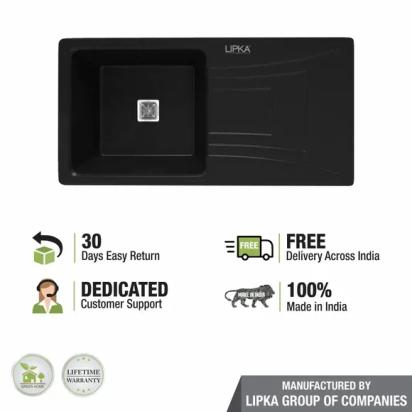 Lipka Black Quartz Single Bowl with Drainboard Kitchen Sink (39 x 20 x 9 Inches) 4