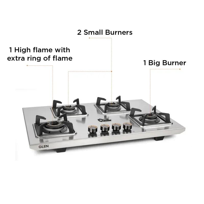 Glen 4 Burner Stainless Steel LPG Gas Stove|10 Years warranty on Burners and Gas Valve|1 Jumbo Forged Brass Burner|Ultra Tough Body|Manual Ignition|360° Revolving Brass Nozzle|1054UTTNDTSS 1