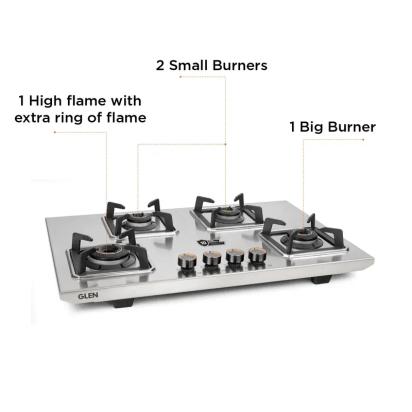 Glen 4 Burner Stainless Steel LPG Gas Stove|10 Years warranty on Burners and Gas Valve|1 Jumbo Forged Brass Burner|Ultra Tough Body|Manual Ignition|360° Revolving Brass Nozzle|1054UTTNDTSS 1