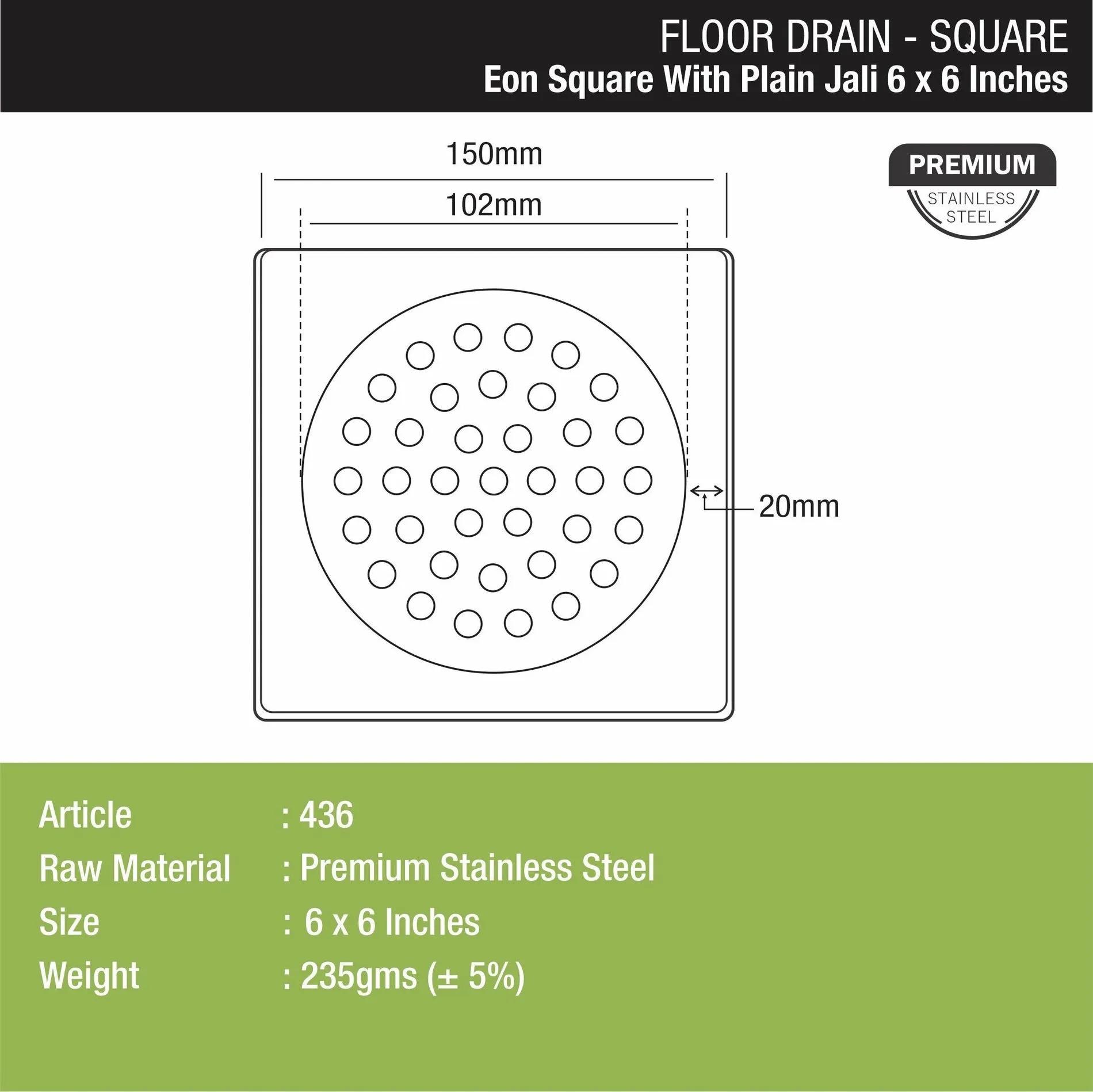 Lipka Eon Square Floor Drain with Plain Jali (6 x 6 Inches) 2