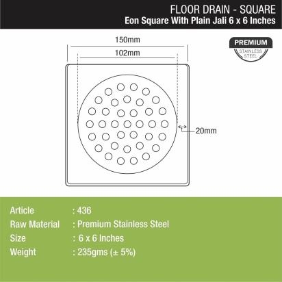 Lipka Eon Square Floor Drain with Plain Jali (6 x 6 Inches) 2