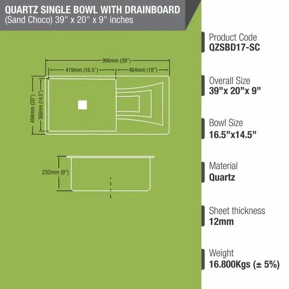 Lipka Sand Choco Quartz Single Bowl with Drainboard Kitchen Sink (39 x 20 x 9 Inches) 2