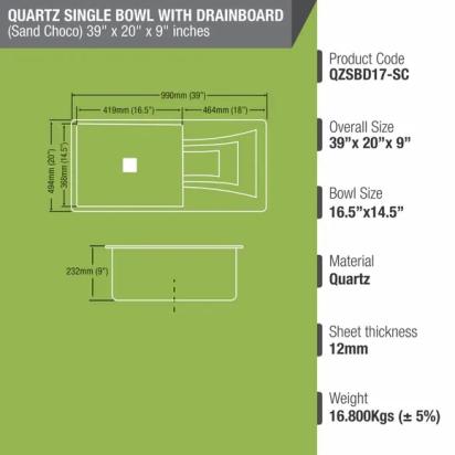 Lipka Sand Choco Quartz Single Bowl with Drainboard Kitchen Sink (39 x 20 x 9 Inches) 2