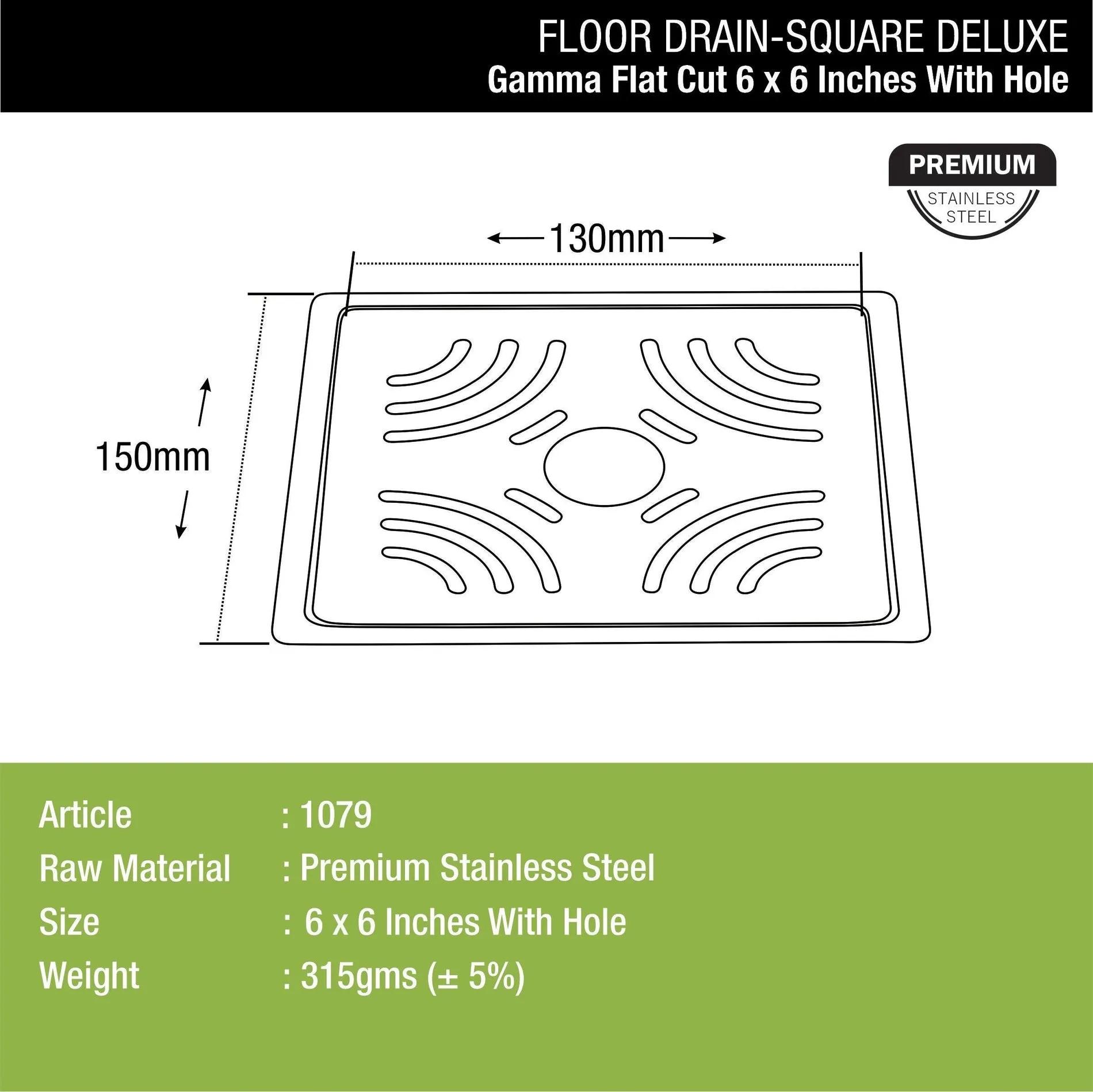 Lipka Gamma Deluxe Square Flat Cut Floor Drain (6 x 6 Inches) with Hole 1