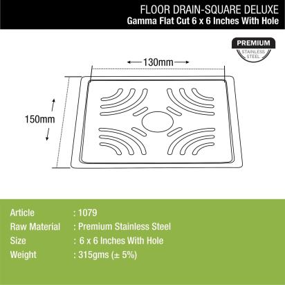 Lipka Gamma Deluxe Square Flat Cut Floor Drain (6 x 6 Inches) with Hole 1
