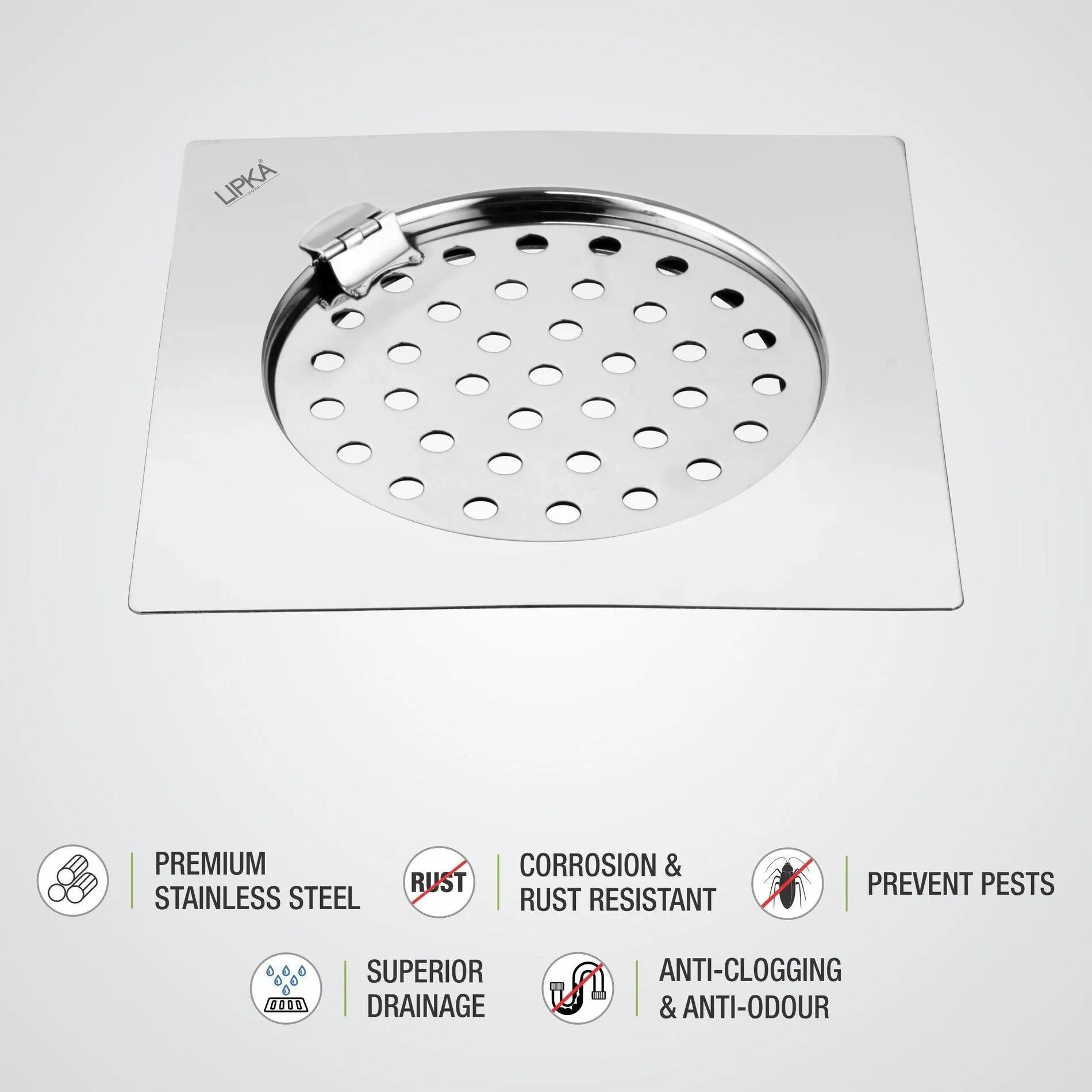 Lipka Eon Square Flat Cut Floor Drain with Plain Jali and Hinge (6 x 6 Inches) 2