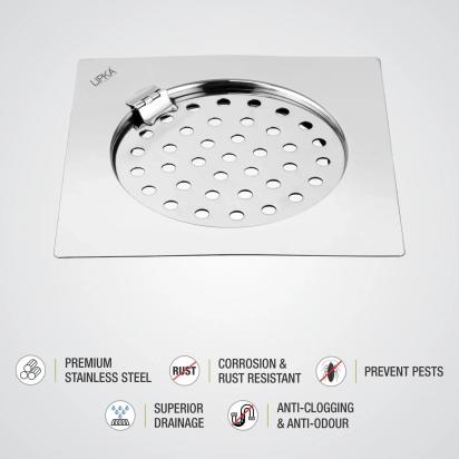 Lipka Eon Square Flat Cut Floor Drain with Plain Jali and Hinge (6 x 6 Inches) 2
