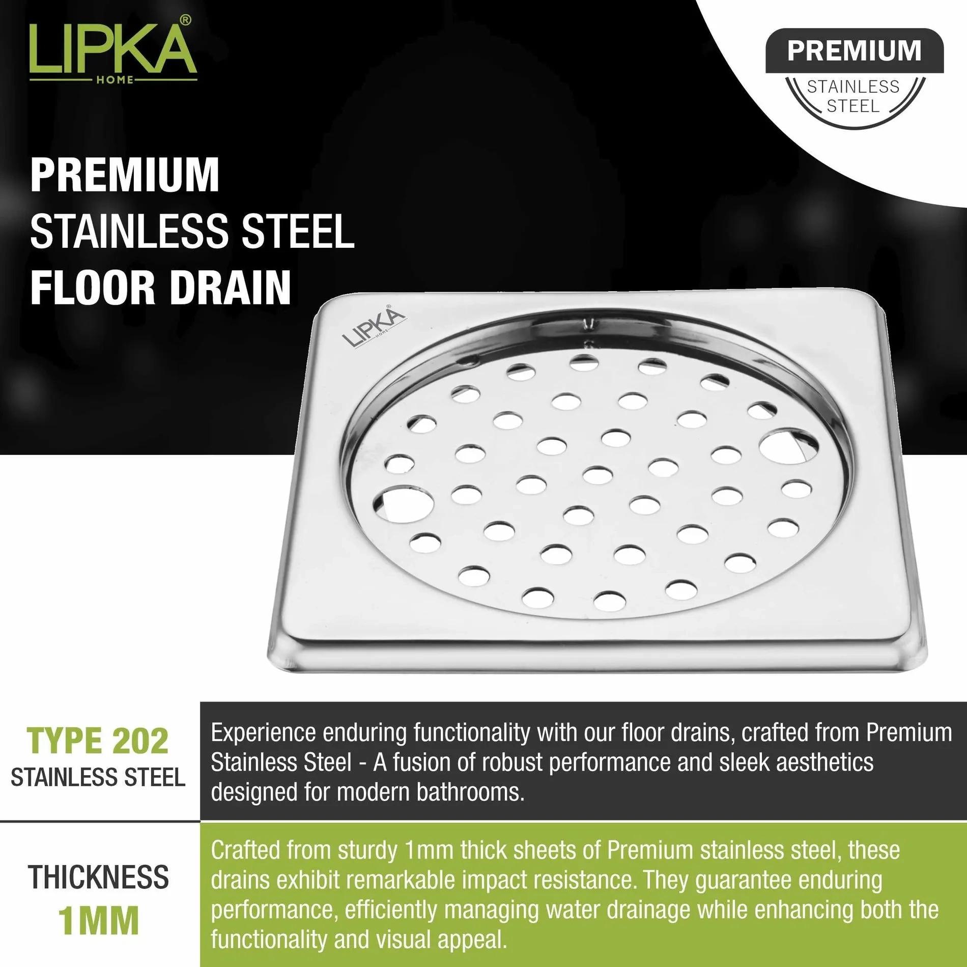 Lipka Eon Square Floor Drain with Plain Jali and Lock (6 x 6 Inches) 3