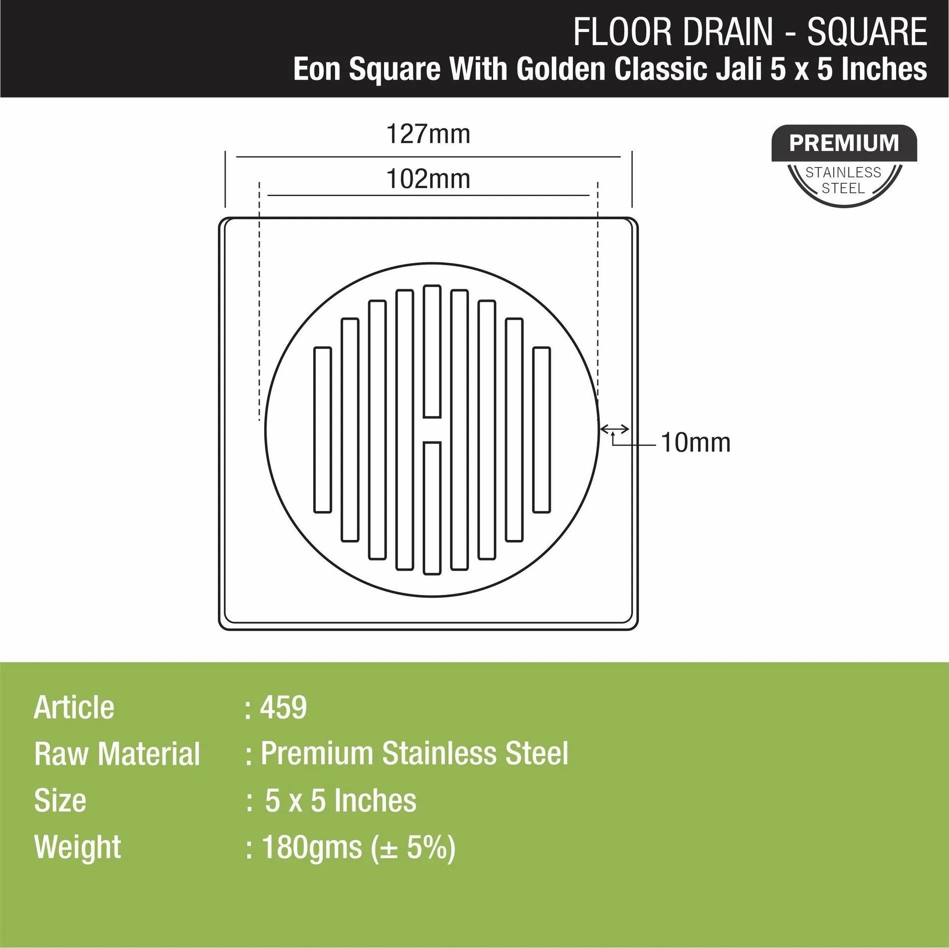 Lipka Eon Square Floor Drain with Golden Classic Jali (5 x 5 Inches) 1