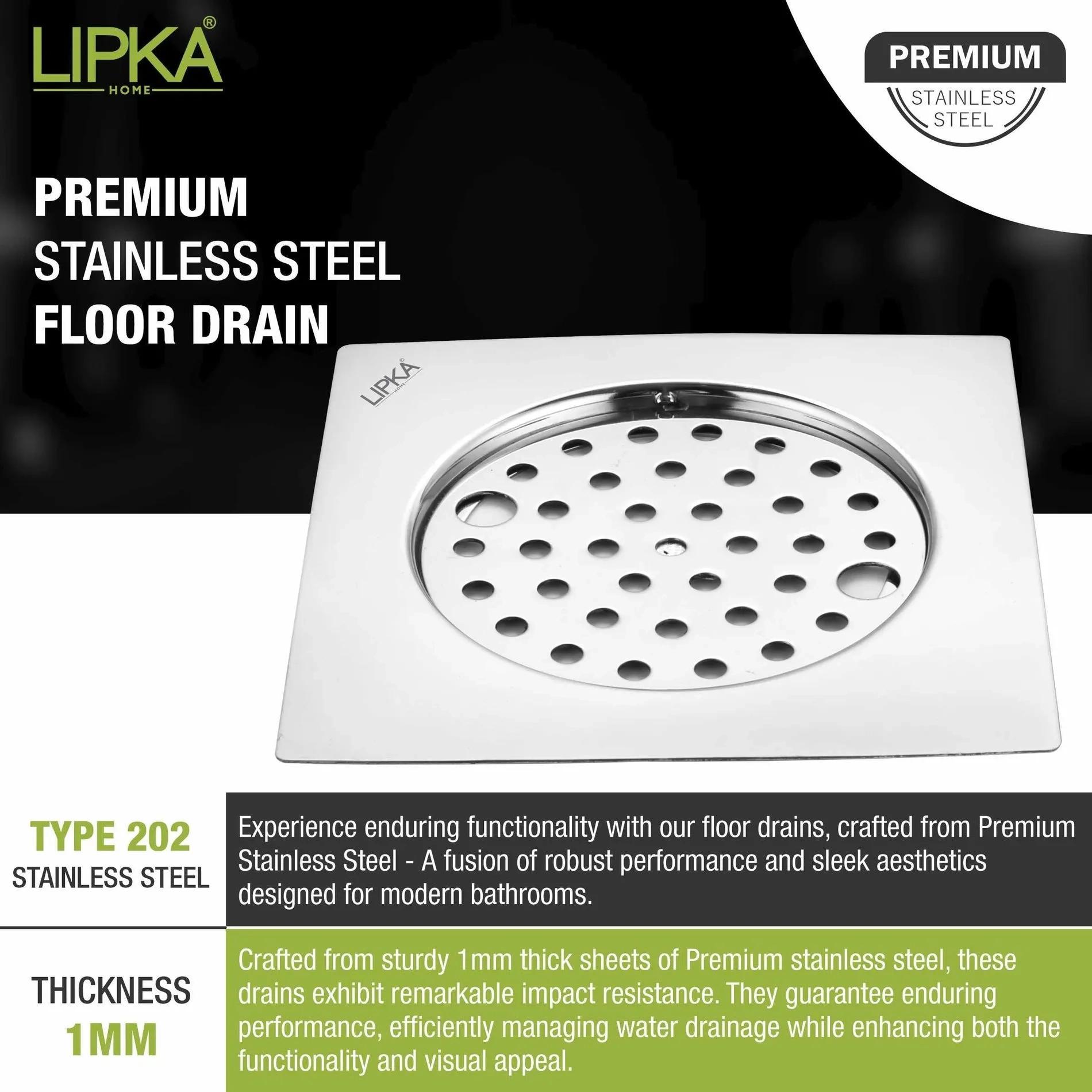 Lipka Eon Square Flat Cut Floor Drain with Plain Jali and Lock (6 x 6 Inches) 3