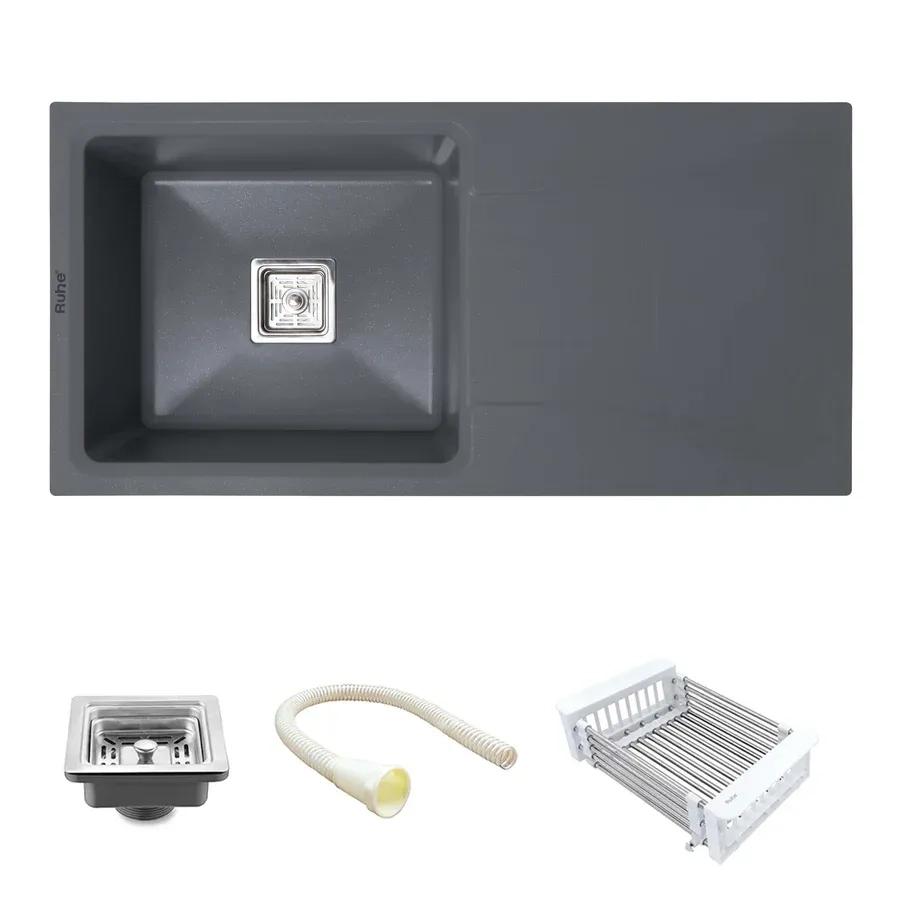 Ruhe Quartz Single Bowl With Drainboard Kitchen Sink -  36 X 18 X 9 Inches - Grey 1