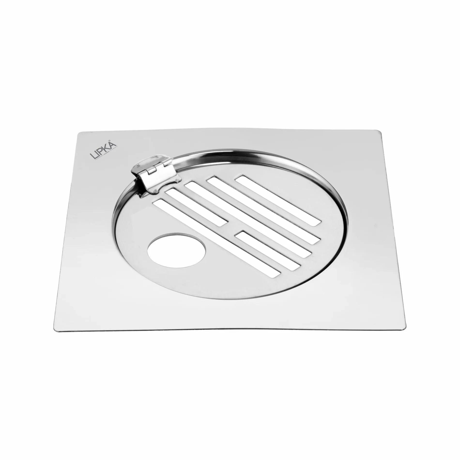 Lipka Eon Square Flat Cut Floor Drain with Golden Classic Jali, Hinge and Hole (6 x 6 Inches)
