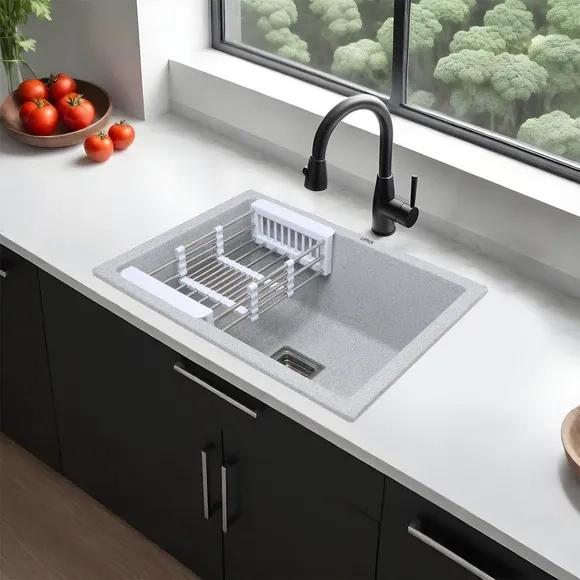 Lipka Smokey Grey Quartz Single Bowl with Drainboard Kitchen Sink (36 x 18 x 9 Inches)
