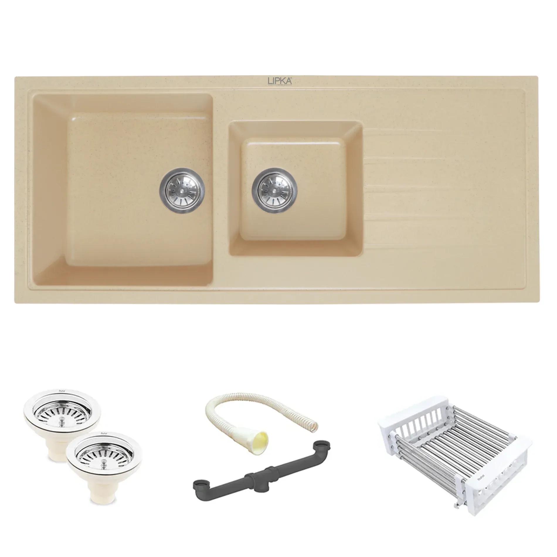 Lipka Sand Choco Quartz Double Bowl with Drainboard Kitchen Sink (45 x 20 x 9 Inches) 1