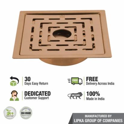 Lipka Orange Exclusive Square Flat Cut Floor Drain in Antique Copper PVD Coating (6 x 6 Inches) with Hole & Cockroach Trap 3