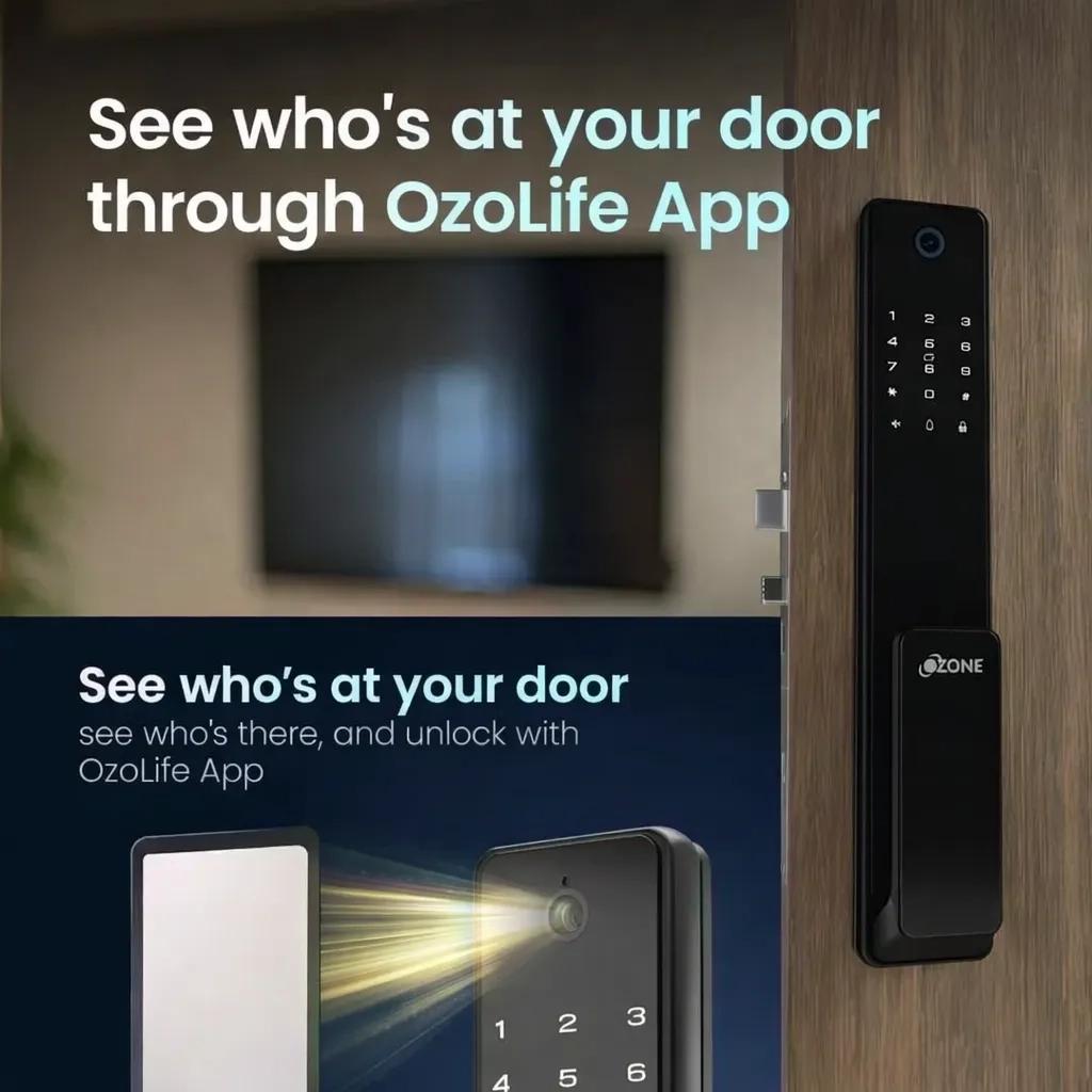 Ozone Smart Wi-Fi External Lock with Integrated HD Video Camera for Wooden & Metal Doors, 4-Way Access, OzoLife App, Fingerprint, Password, RFID Card, 40-100 mm Door Thickness, Free Installation, 3 Years Warranty (Black) 4