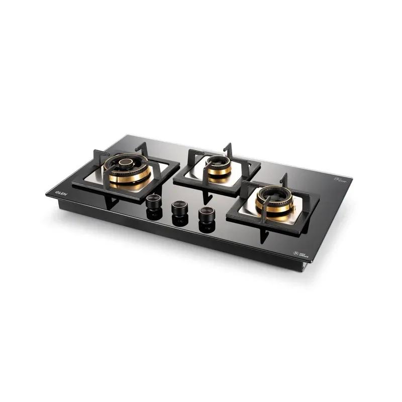 Glen 3 Burner Glass Gas Hob Top with Triple Ring, Total Double Ring Brass Burner (1073CIHTTDBTR)
