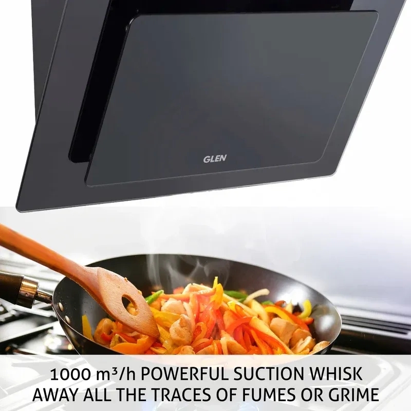 Glen Kitchen Chimney Vertical Glass Push Buttons Baffle Filters 60cm 1000 m3/h- Black (6079 PB) 2