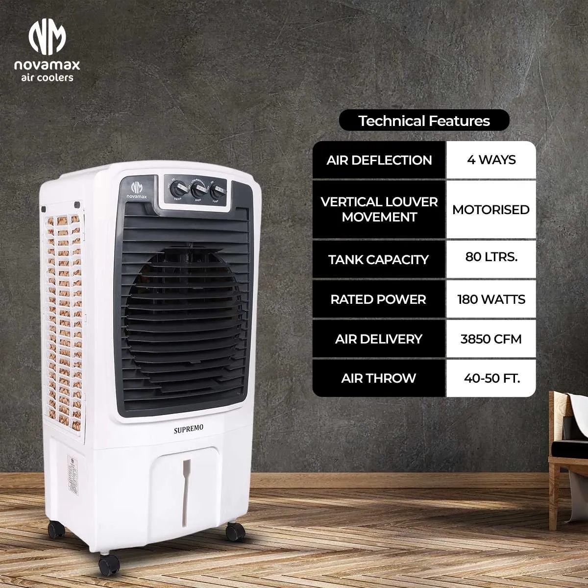 Novamax Supremo 80 L Desert Air Cooler ( Honeycomb Cooling Technology & Ice Chamber) by Novamax : Colours available: White 3 3