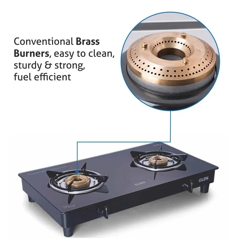 Glen 2 Burner Glass Gas Stove 63 cm|Toughened Glass Top|Extra Large High Flame Brass Burners|Black|Manual Ignition|ISI Certified 1
