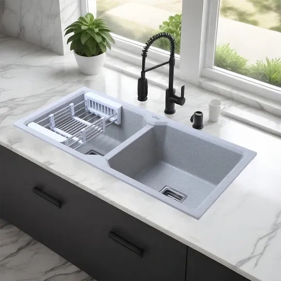Lipka Sand Pluto Double Bowl Kitchen Sink (45 x 20 x 9 Inches)