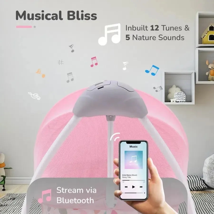 R for Rabbit Lullabies Cradle - Auto Swing With Remote Control, 16 In-Built Soothing Music Tunes, Mosquito Net Baby Cradle, 3-Point Safety, Swing Lock - Pink 3