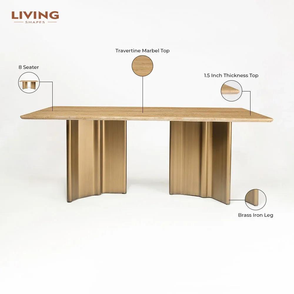 LivingShapes Omar Marble 8 Seater Dining Table with Iron - Brass / Travertine 1