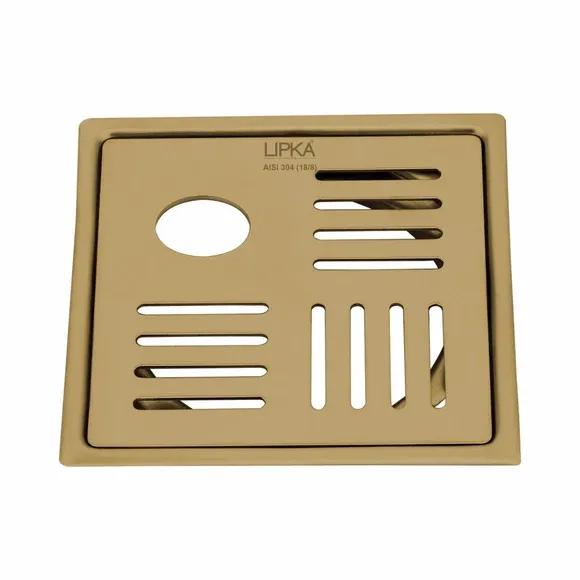 Lipka Pink Exclusive Square Flat Cut Floor Drain in Yellow Gold PVD Coating (6 x 6 Inches) with Hole