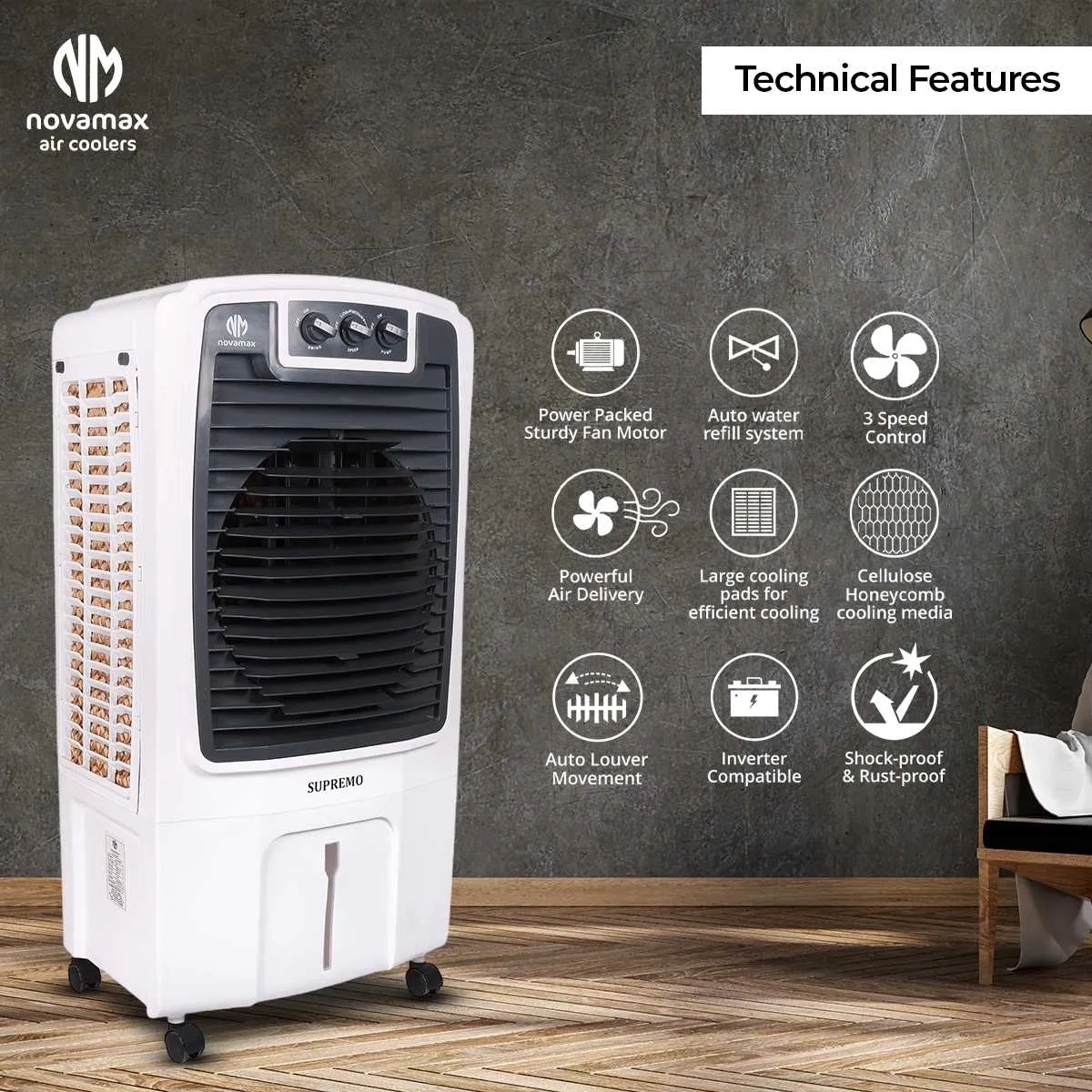 Novamax Supremo 80 L Desert Air Cooler ( Honeycomb Cooling Technology & Ice Chamber) by Novamax : Colours available: White 2 2