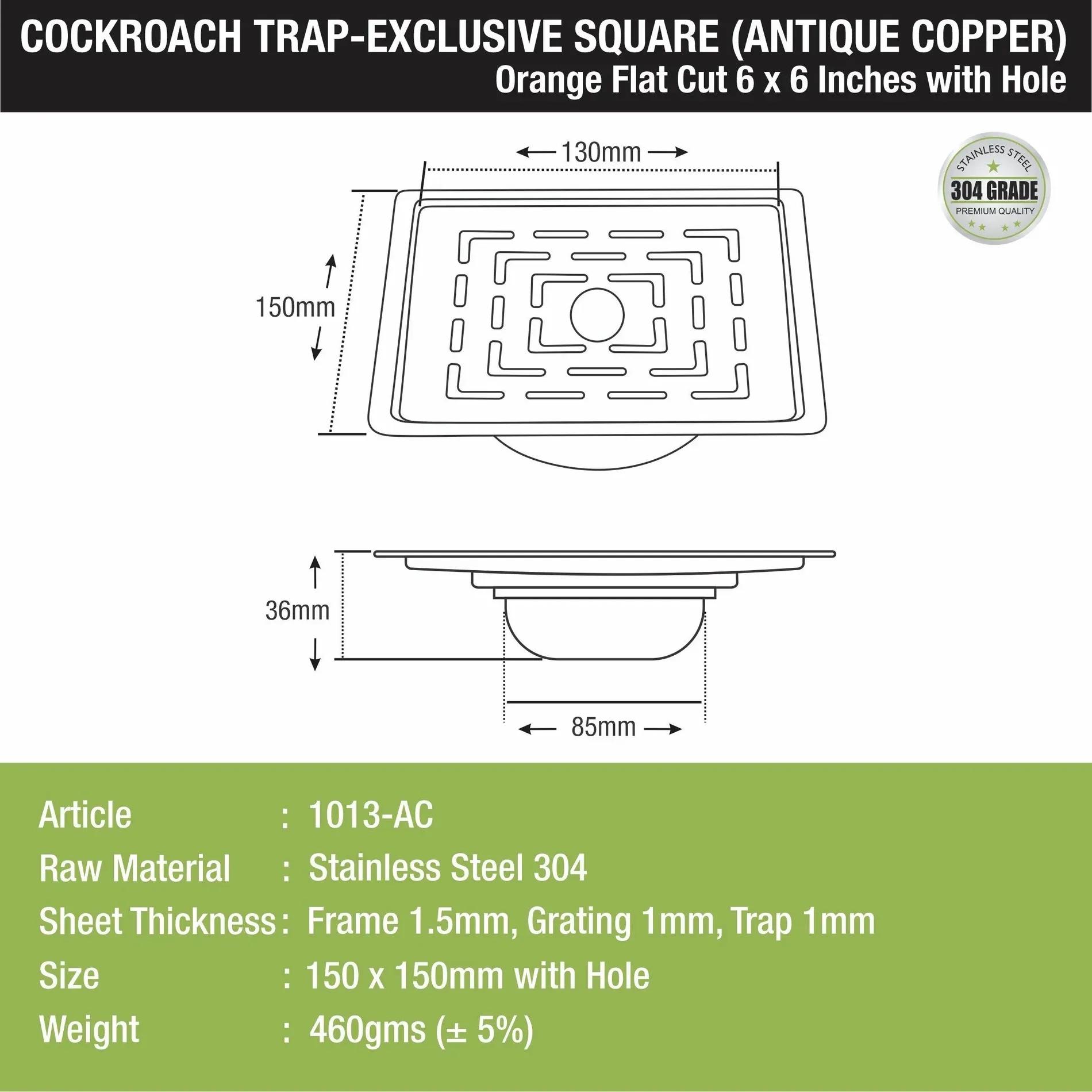 Lipka Orange Exclusive Square Flat Cut Floor Drain in Antique Copper PVD Coating (6 x 6 Inches) with Hole & Cockroach Trap 1