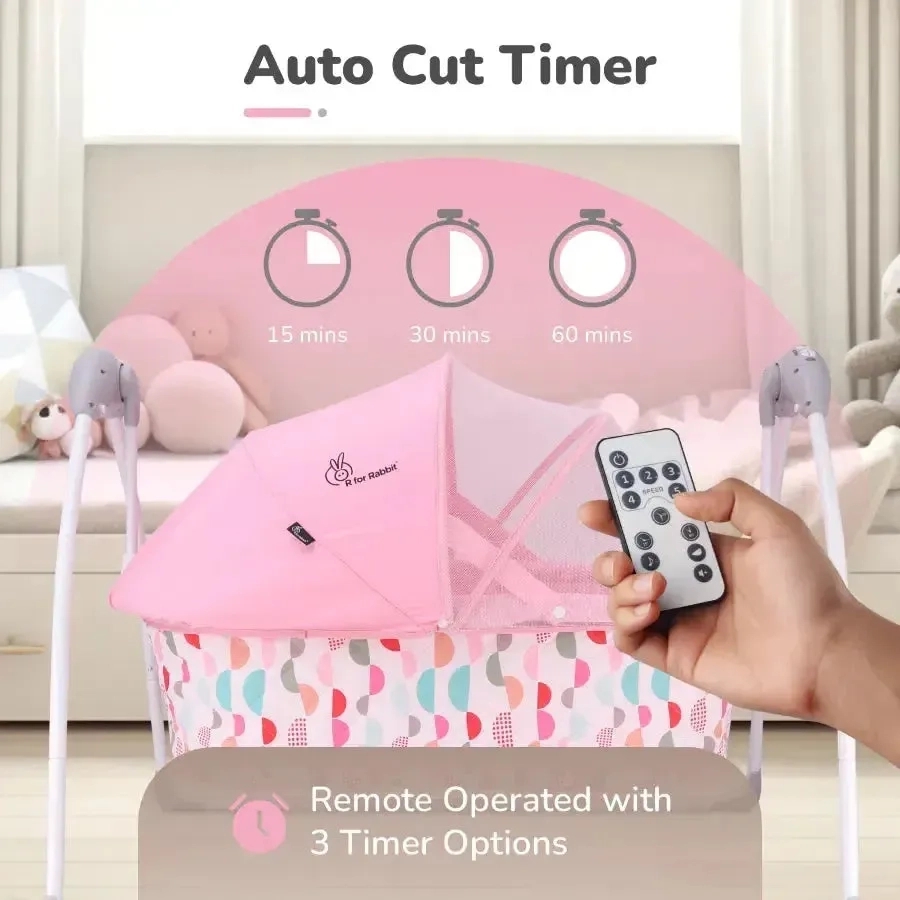 R for Rabbit Lullabies Cradle - Auto Swing With Remote Control, 16 In-Built Soothing Music Tunes, Mosquito Net Baby Cradle, 3-Point Safety, Swing Lock - Pink 2