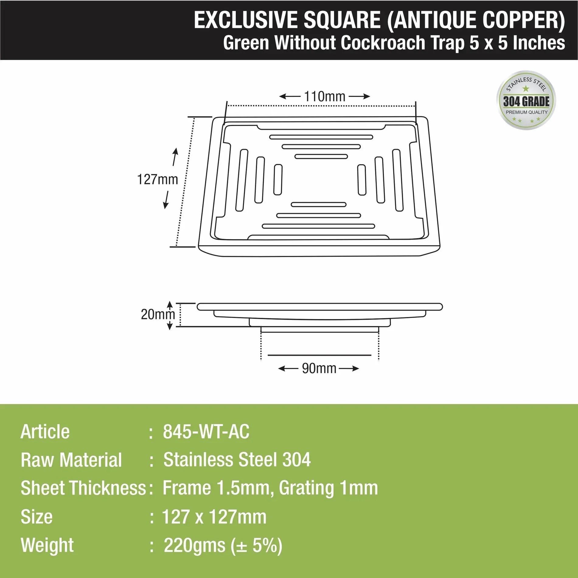 Lipka Green Exclusive Square Floor Drain in Antique Copper PVD Coating (5 x 5 Inches) 1