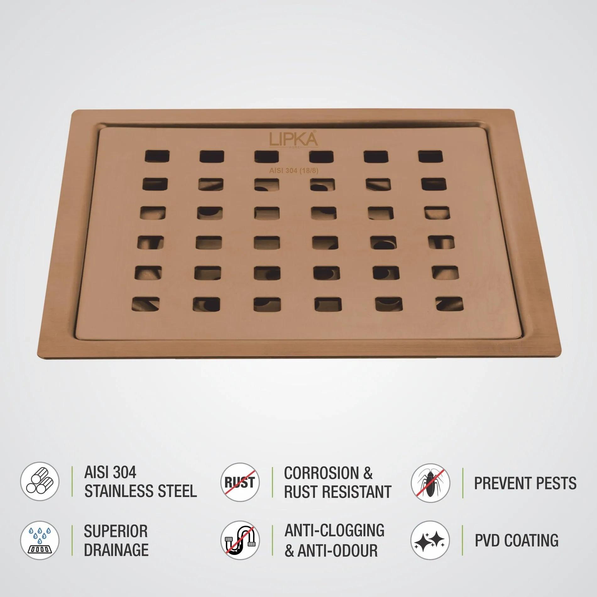 Lipka Red Exclusive Square Flat Cut Floor Drain in Antique Copper PVD Coating (5 x 5 Inches) 2