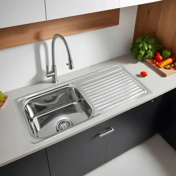 Lipka Square Single Bowl Kitchen Sink with Drainboard (32 x 20 x 8 Inches)