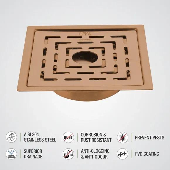 Lipka Orange Exclusive Square Flat Cut Floor Drain in Antique Copper PVD Coating (6 x 6 Inches) with Hole & Cockroach Trap 2