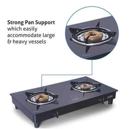 Glen 2 Burner Glass Gas Stove 63 cm|Toughened Glass Top|Extra Large High Flame Brass Burners|Black|Manual Ignition|ISI Certified 3