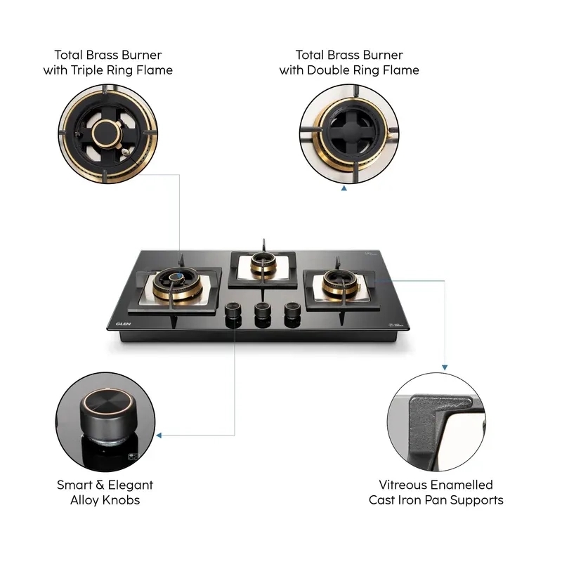 Glen 3 Burner Glass Gas Hob Top with Triple Ring, Total Double Ring Brass Burner (1073CIHTTDBTR) 6