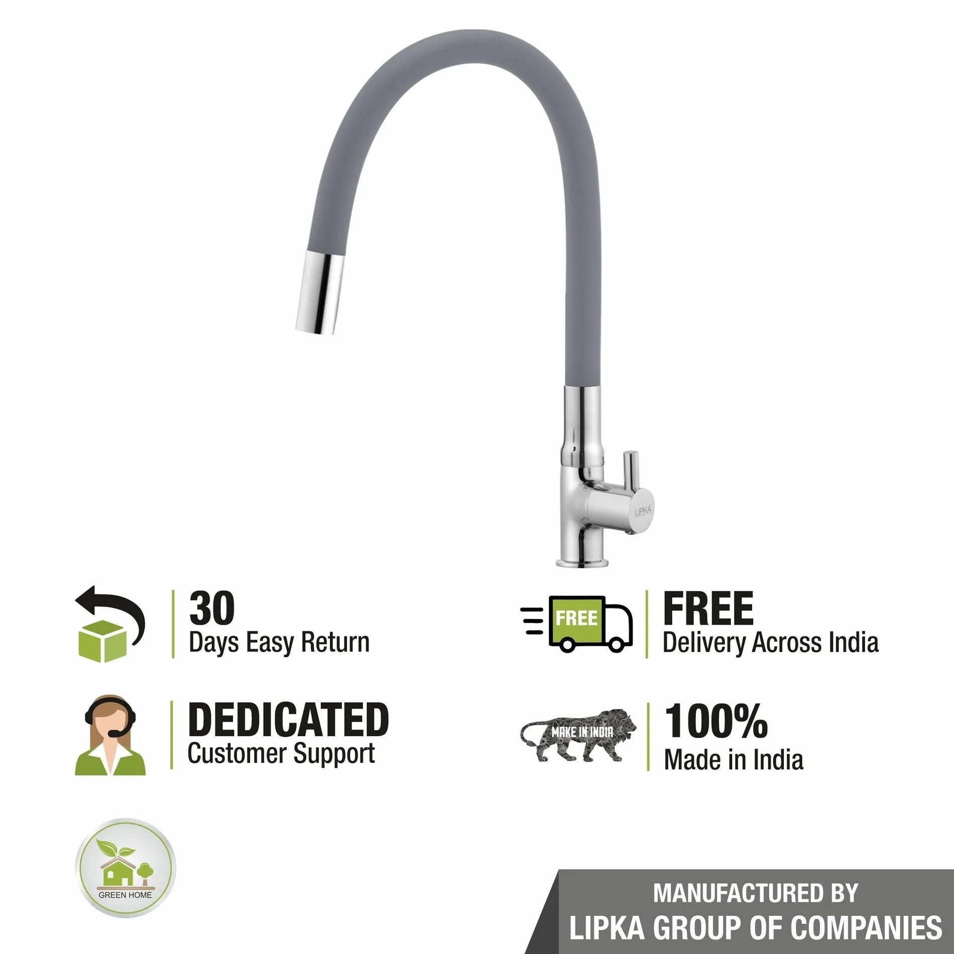 Lipka Kyron Swan Neck Brass Faucet with Flexible Silicone Spout (Grey) 5