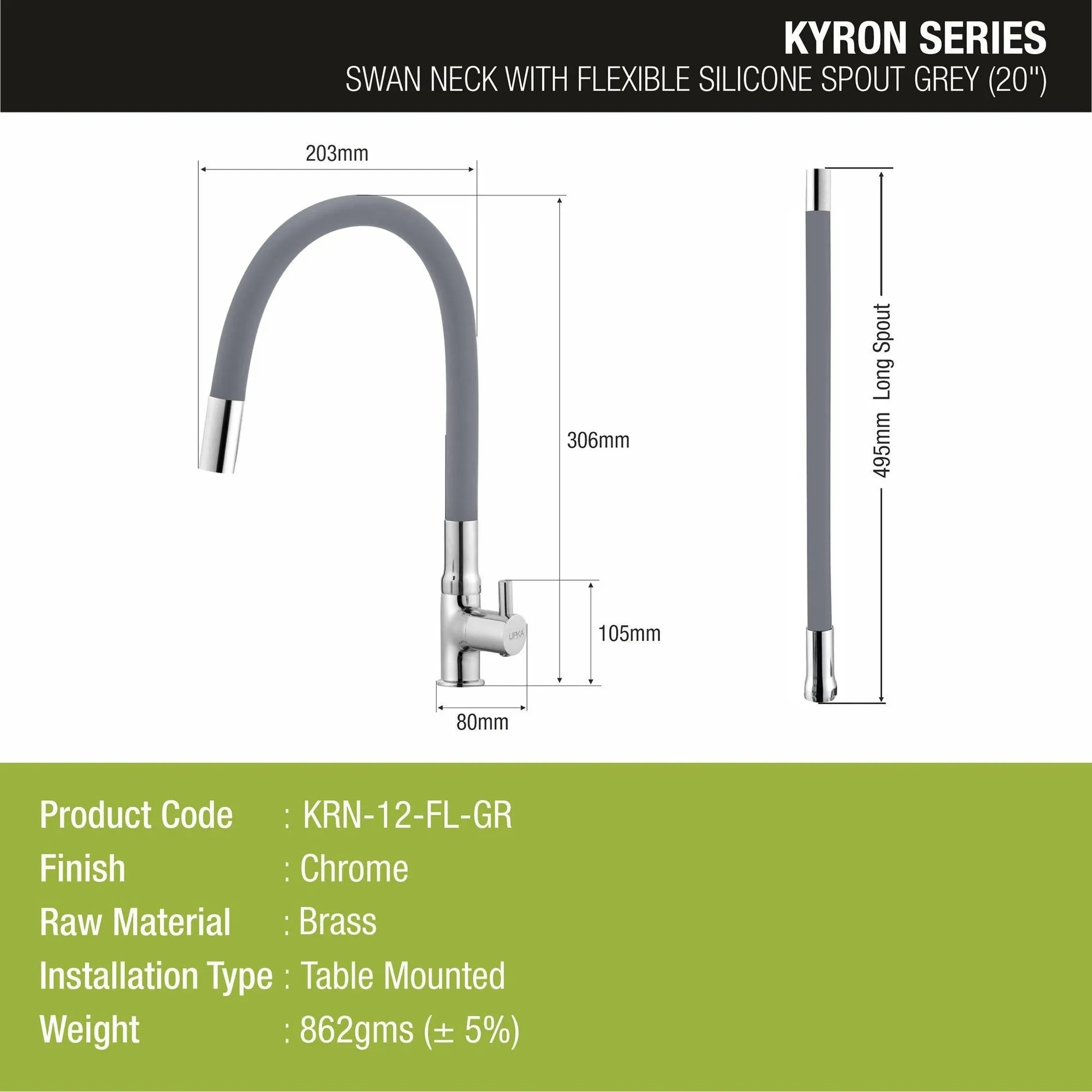 Lipka Kyron Swan Neck Brass Faucet with Flexible Silicone Spout (Grey) 2