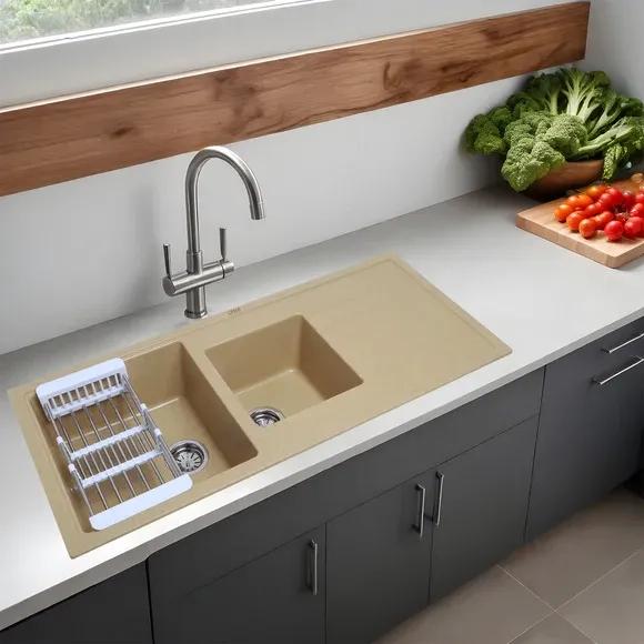 Lipka Sand Choco Quartz Double Bowl with Drainboard Kitchen Sink (45 x 20 x 9 Inches)